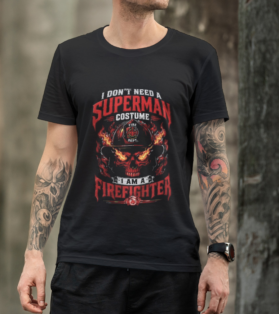 I Dont Need A Superman Costume Am Firefighter Flaming Skull Helmet Fire Dept Orange Flames T-Shirt