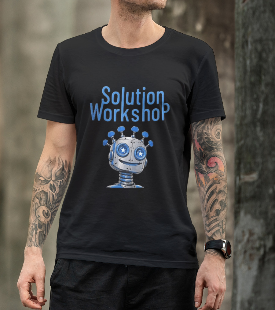 Solution Workshop Cartoon Metallic Robot Head With Star Eyes And Guitar Tuning Pegs T-Shirt