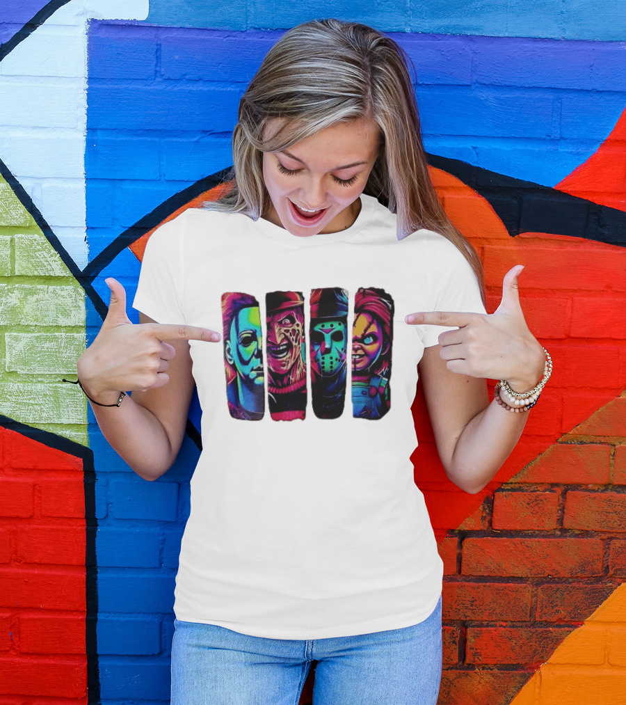 Fluorescent Horror Movie Slasher Faces Vertical Panels T-Shirt