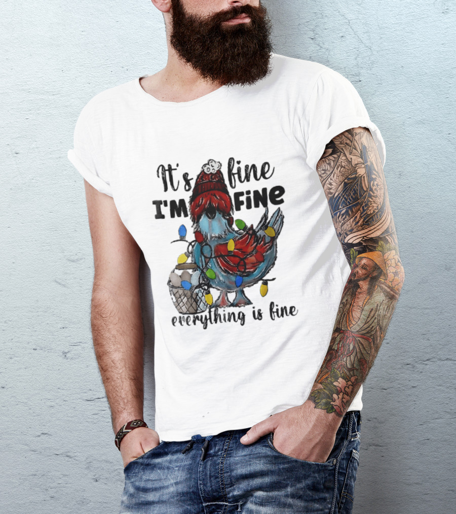 It's Fine I'm Fine Everything Is Fine Cartoon Chicken Tangled Christmas Lights T-Shirt