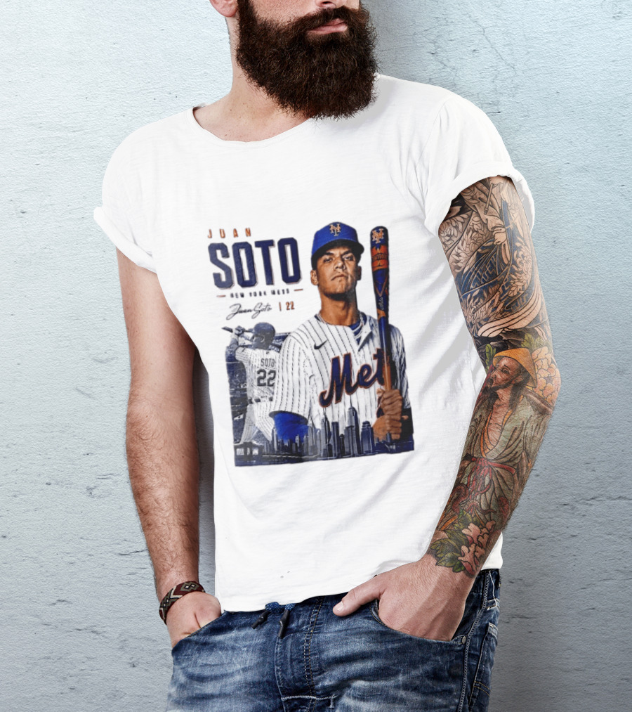 Juan Soto New York Mets MLB 22 Player Batting Skyline Collage T-Shirt