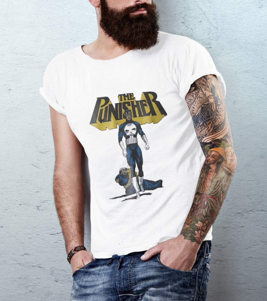 The Punisher Superhero Skull Comic Walking Scene With Defeated Man T-Shirt