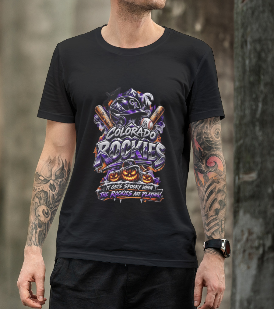 Colorado Rockies Spooky Halloween Baseball Theme With Bats And Pumpkin T-Shirt