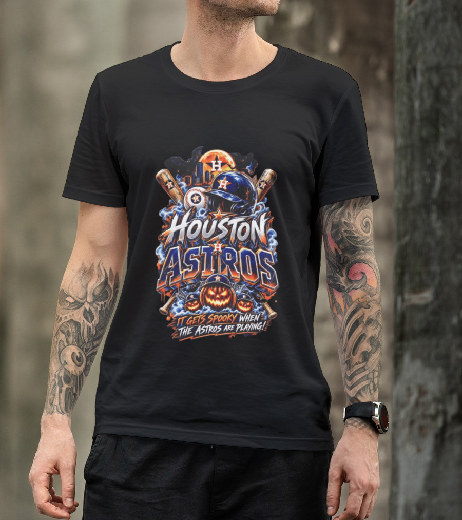 Houston Astros Halloween Spooky Theme With Pumpkins And Bats T-Shirt
