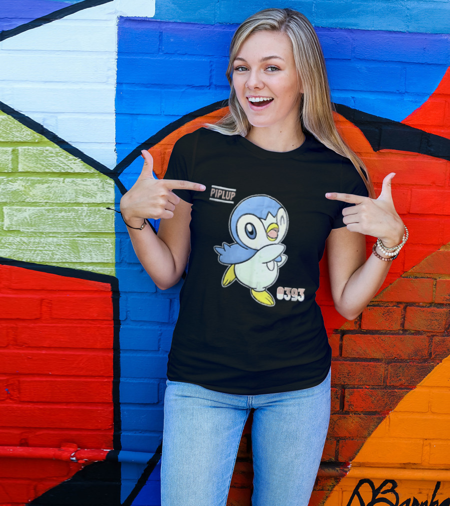 Piplup 0393 Cartoon Penguin Waving Paper Crease Sticker Yellow Feet T-Shirt