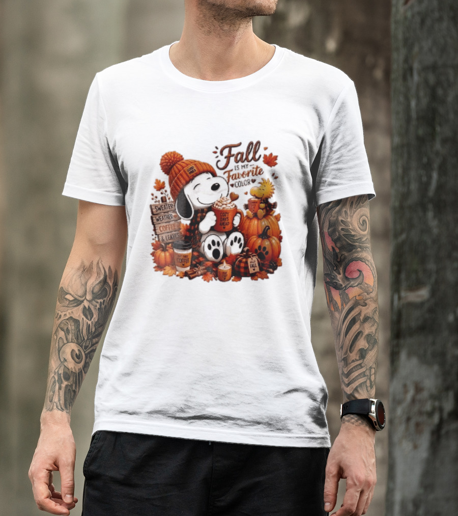 Fall Is My Favorite Color Sweater Weather Coffee Leaves Cozy Days Cartoon Dog Bird Pumpkins T-Shirt