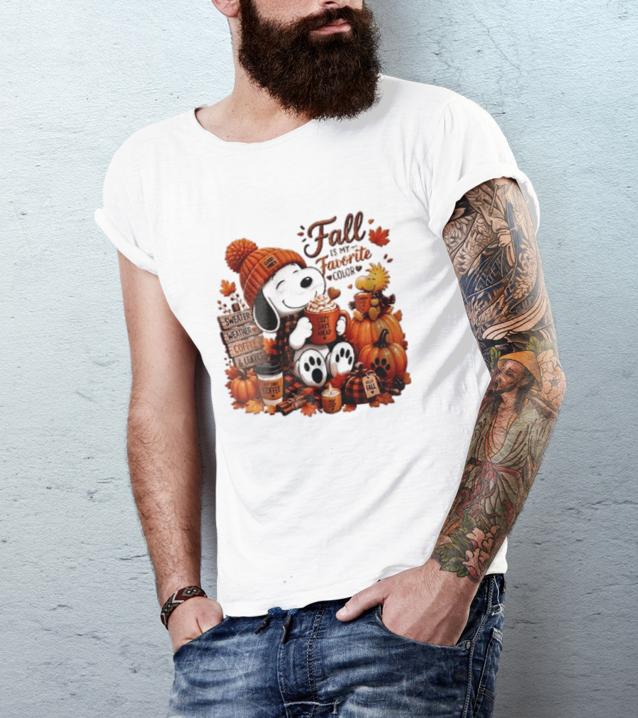 Fall Is My Favorite Color Sweater Weather Coffee Leaves Cozy Days Cartoon Dog Bird Pumpkins T-Shirt