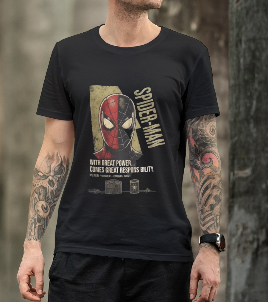 Spider Man With Great Power Comes Great Responsibility Peter Parker Origin 1962 Split Mask T-Shirt