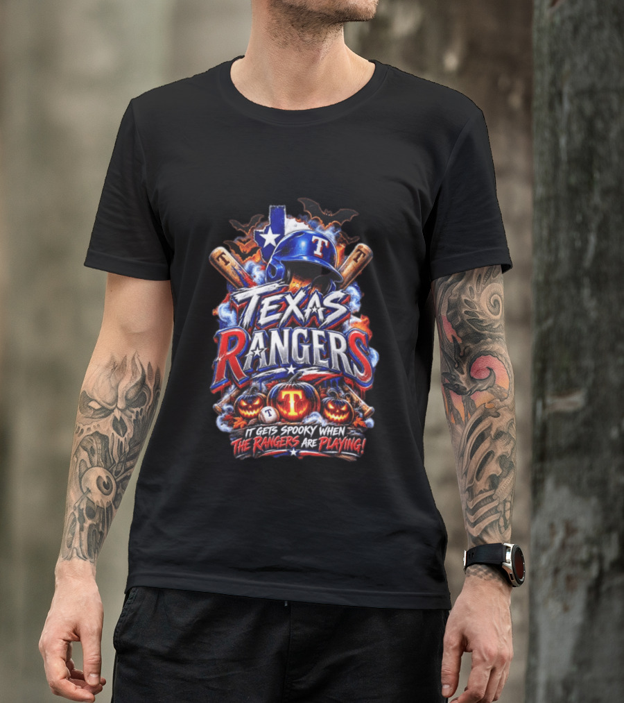 Texas Rangers Spooky Halloween Baseball Bats And Pumpkins T-Shirt