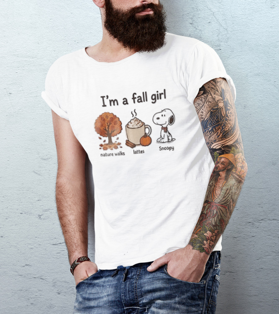 I'm A Fall Girl Nature Walks Lattes Snoopy Autumn Tree Pumpkin Coffee T-Shirt