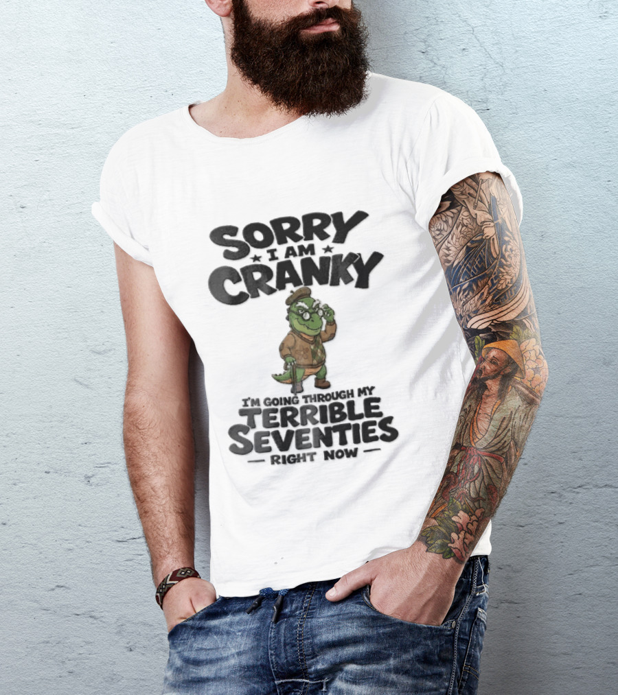 Sorry I Am Cranky Terrible Seventies Cartoon Elderly Alligator Cane Beret T-Shirt