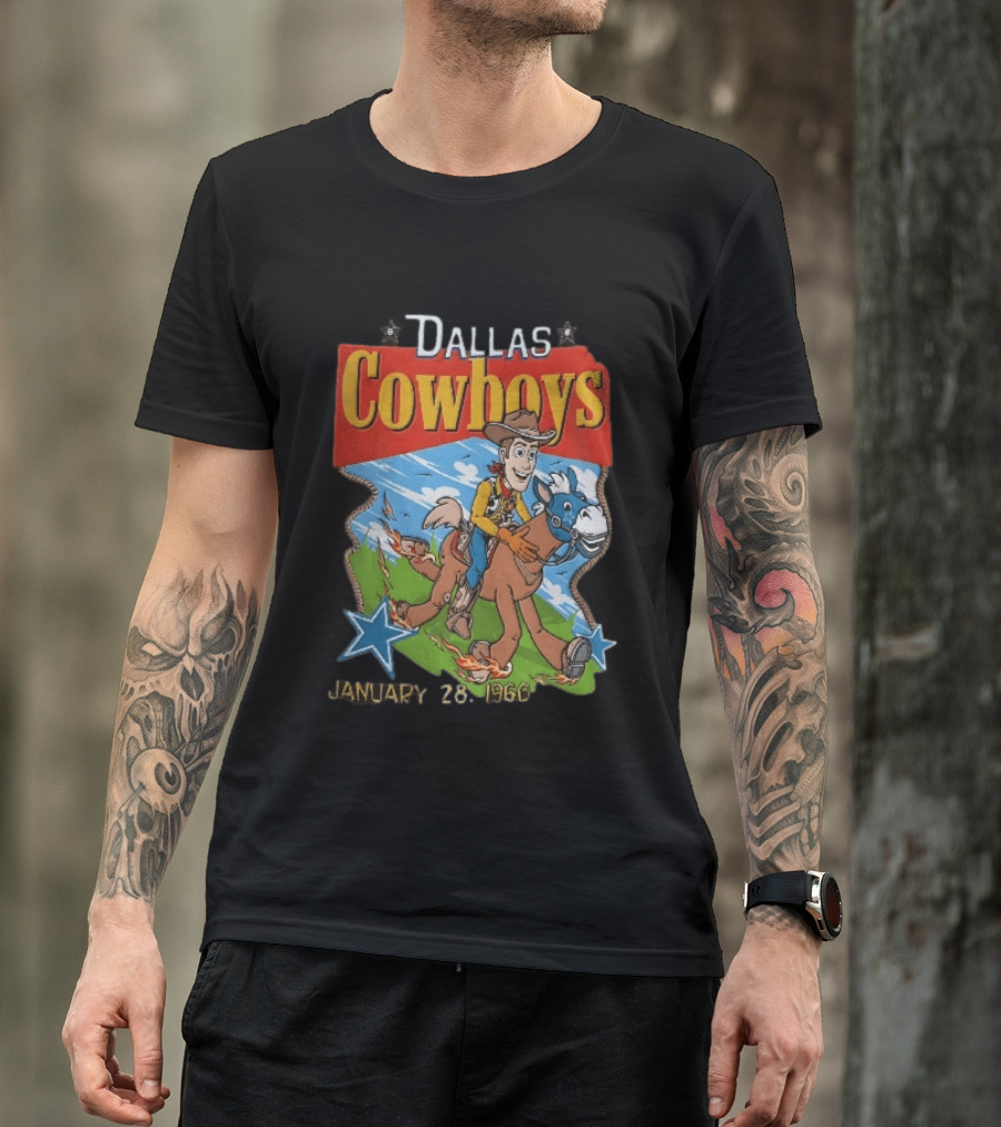 Dallas Cowboys Woody Riding Toy Horse Flames Stars January 28 1960 T-Shirt