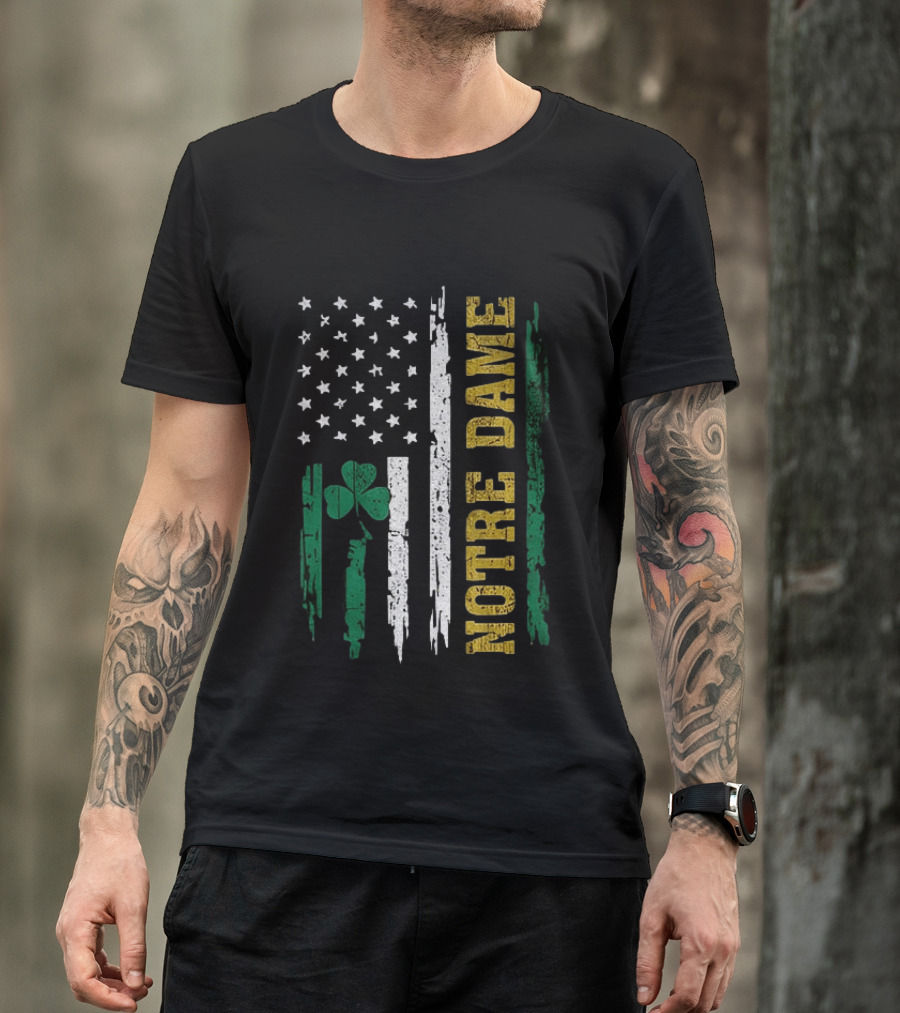 Notre Dame Irish American Flag Football Clover Stars T-Shirt