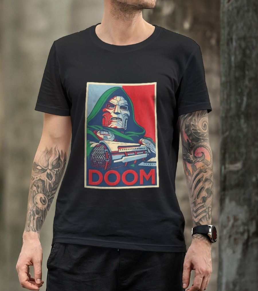 Doom Supervillain Mask Hooded Armored Gauntlets Red Blue T-Shirt