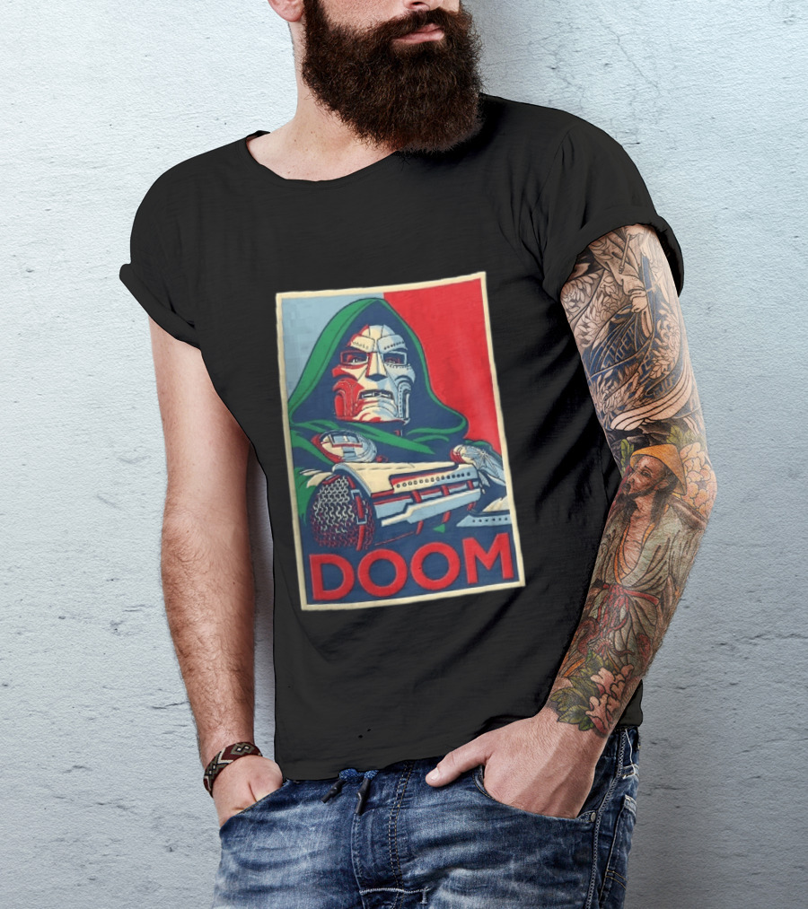 Doom Supervillain Mask Hooded Armored Gauntlets Red Blue T-Shirt