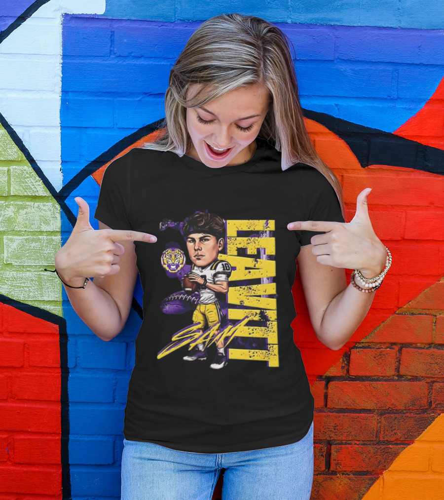 Sam Levis LSU Tigers Football Player Caricature Leavitt 18 Signature T-Shirt