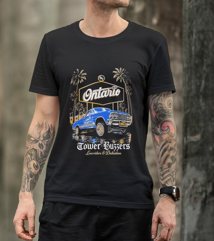 Ontario Tower Buzzers Lowrider Dedication Retro Car Scene T-Shirt