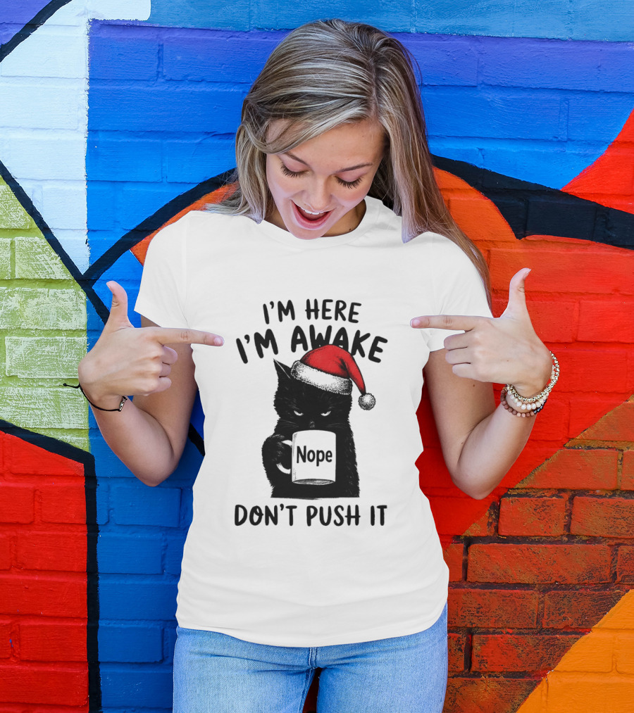 Black Cat Santa I'm Here I'm Awake Nope Don't Push It Holiday T-Shirt