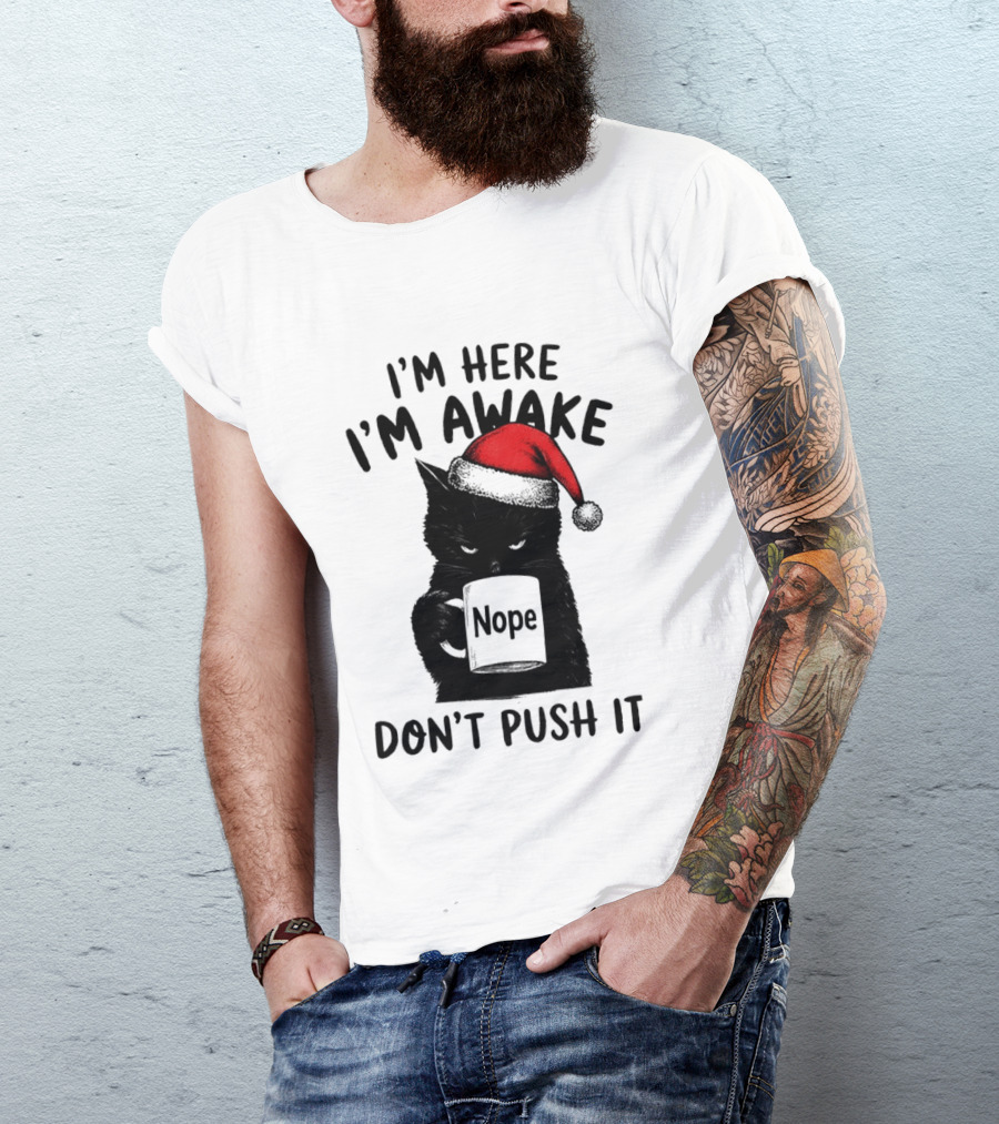 Black Cat Santa I'm Here I'm Awake Nope Don't Push It Holiday T-Shirt