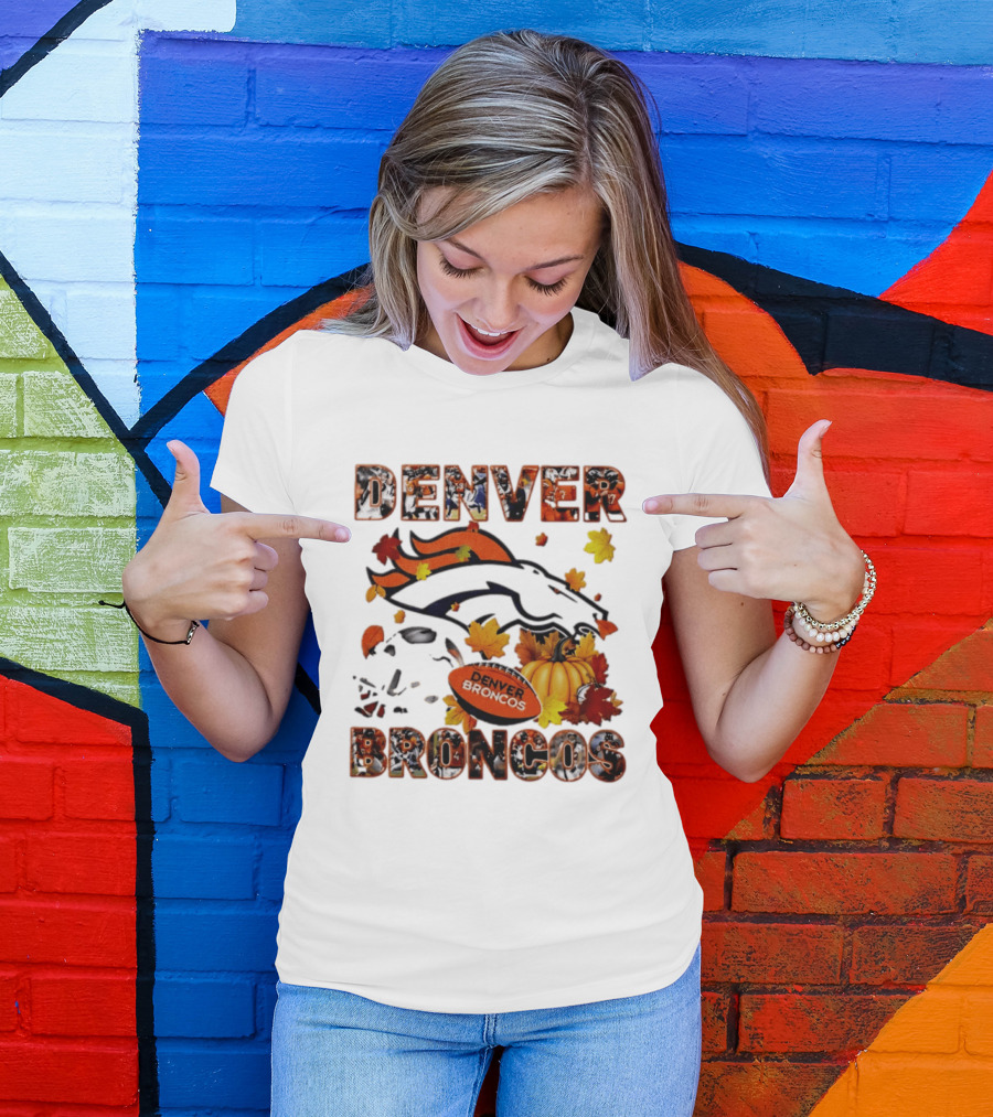 Denver Broncos Football Autumn Fall Leaves Pumpkin Halloween 2026 T-Shirt