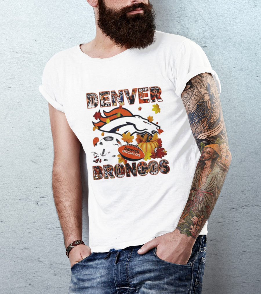 Denver Broncos Football Autumn Fall Leaves Pumpkin Halloween 2026 T-Shirt