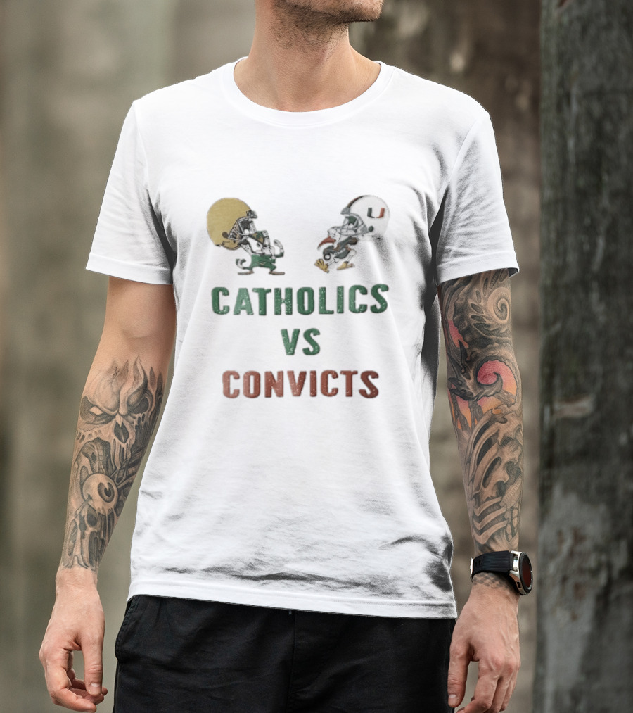 Notre Dame Fighting Irish Vs Miami Hurricanes Catholics Vs Convicts Cartoon Caricature T-Shirt