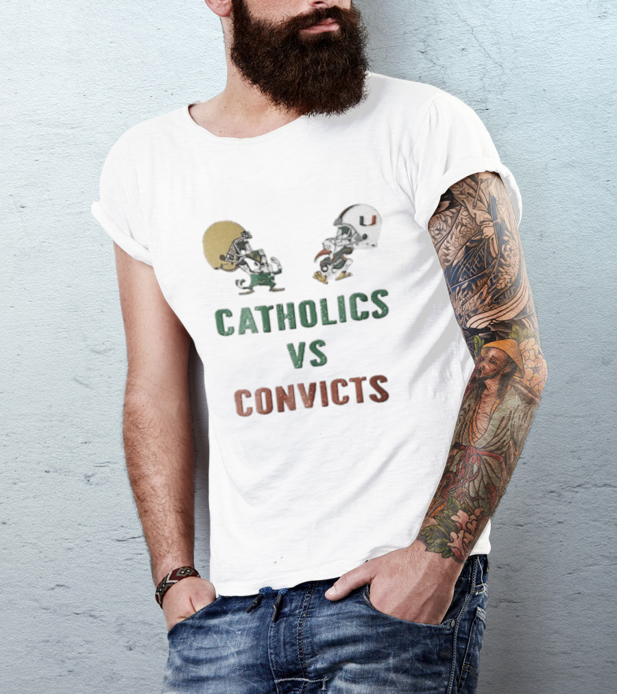 Notre Dame Fighting Irish Vs Miami Hurricanes Catholics Vs Convicts Cartoon Caricature T-Shirt