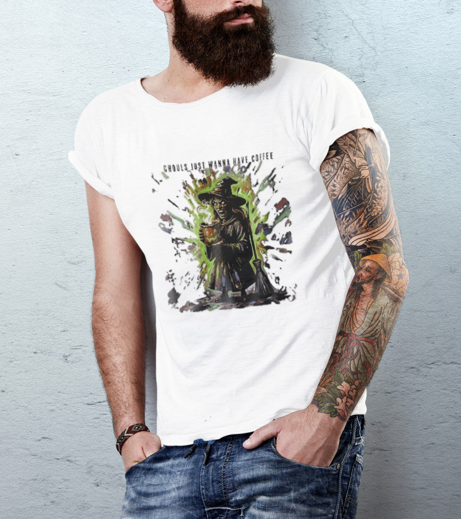 Ghouls Just Wanna Have Coffee Witch With Pumpkin And Broom Colorful Splatter T-Shirt