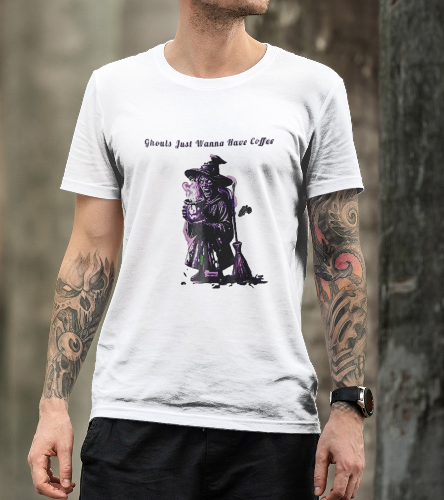 Ghouls Just Wanna Have Coffee Witch Holding Steaming Broomstick T-Shirt