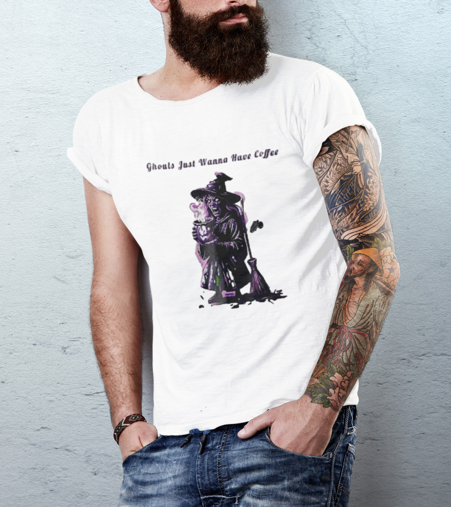 Ghouls Just Wanna Have Coffee Witch Holding Steaming Broomstick T-Shirt