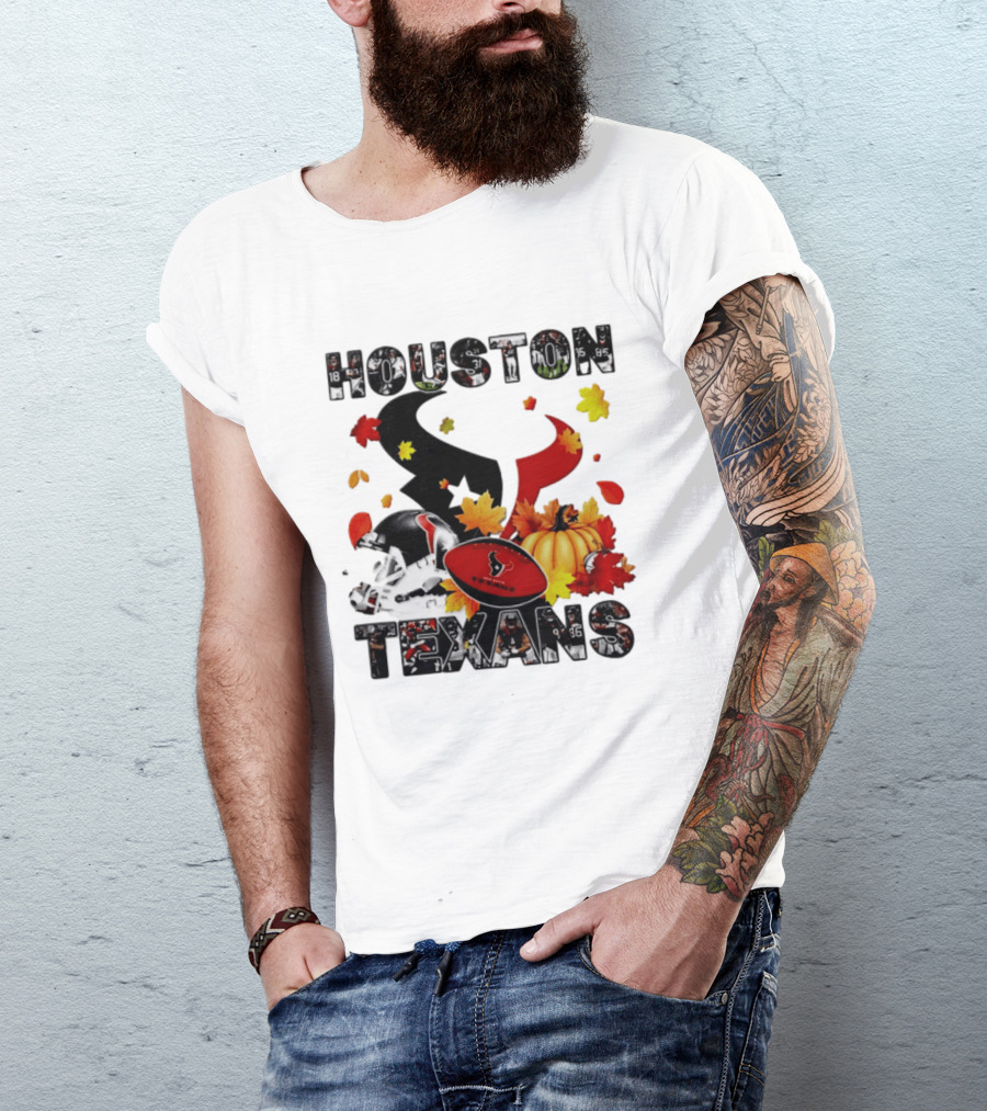 Houston Texans Football Autumn Fall Pumpkin Helmet Leaves 2026 Halloween T-Shirt