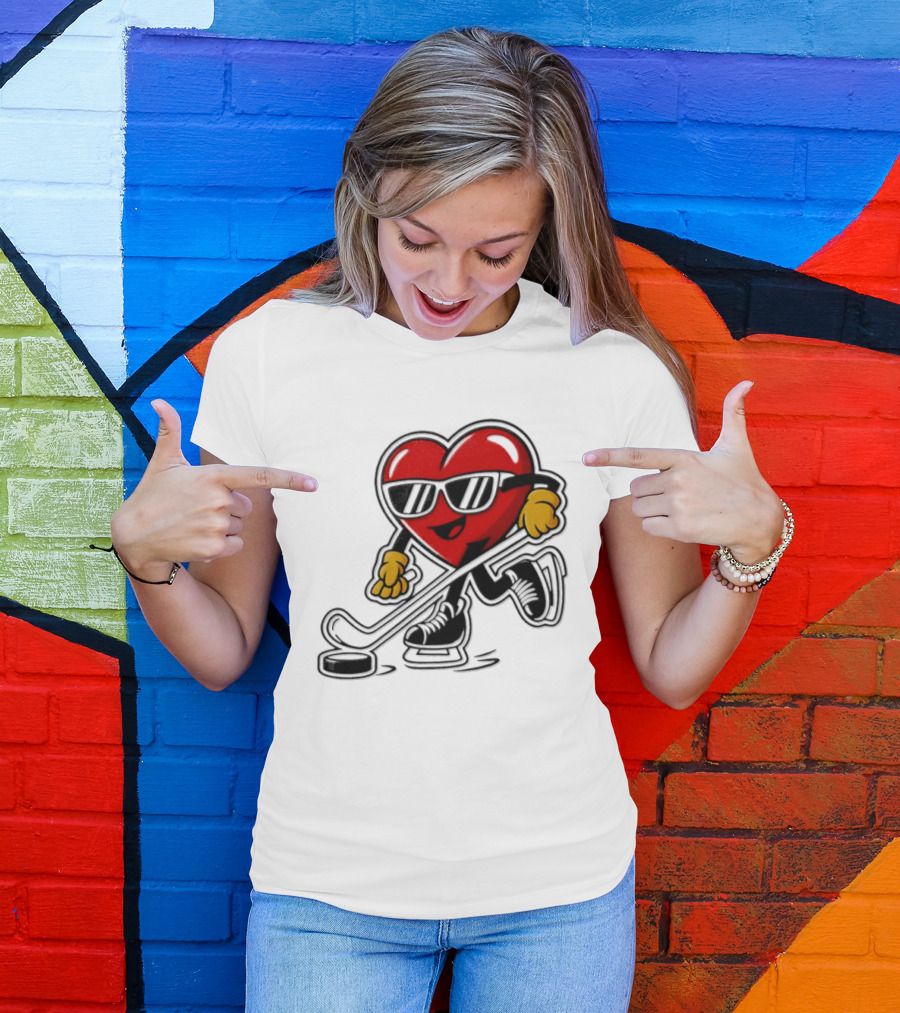 I Love Hockey Heart Character With Sunglasses And Stick T-Shirt