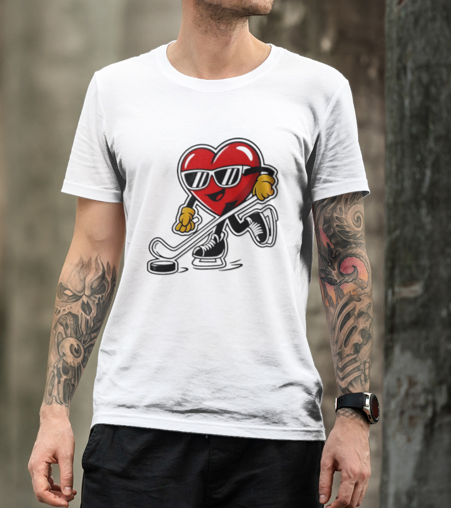 I Love Hockey Heart Character With Sunglasses And Stick T-Shirt