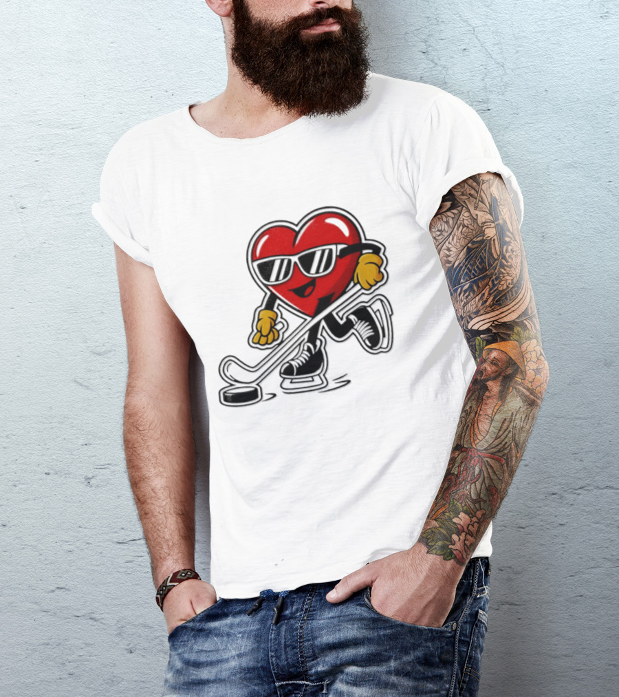 I Love Hockey Heart Character With Sunglasses And Stick T-Shirt