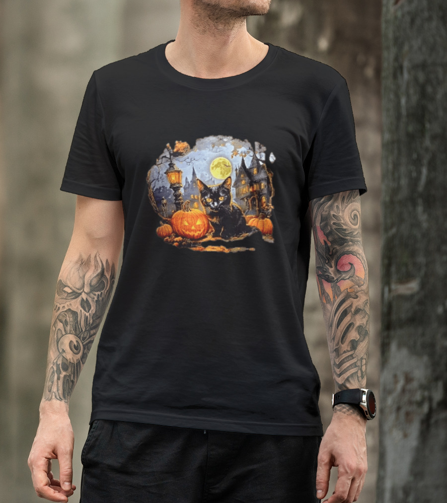 Black Cat Haunted House Pumpkin Full Moon Halloween Magic T-Shirt