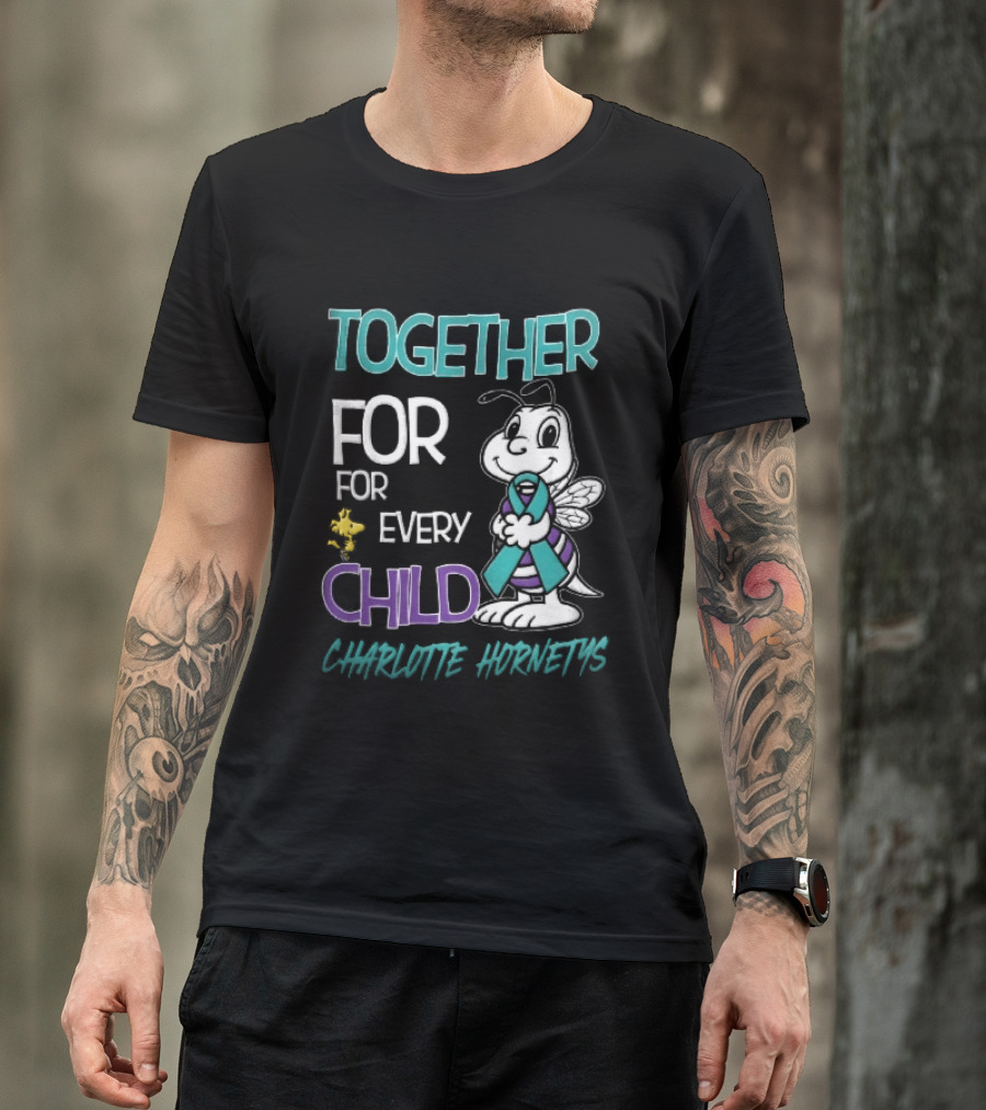 TOGETHER FOR EVERY CHILD Charlotte Hornets Cartoon Hornet Holding Ribbon Woodstock T-Shirt