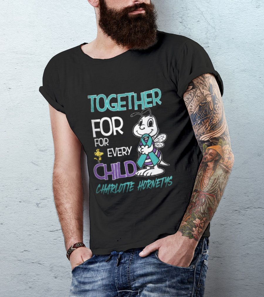 TOGETHER FOR EVERY CHILD Charlotte Hornets Cartoon Hornet Holding Ribbon Woodstock T-Shirt