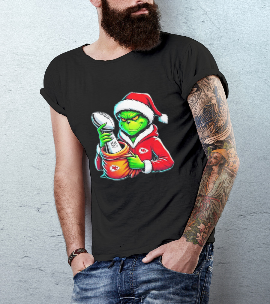 Kansas City Chiefs Grinch Christmas Holiday NFL Trophy Santa Hat T-Shirt