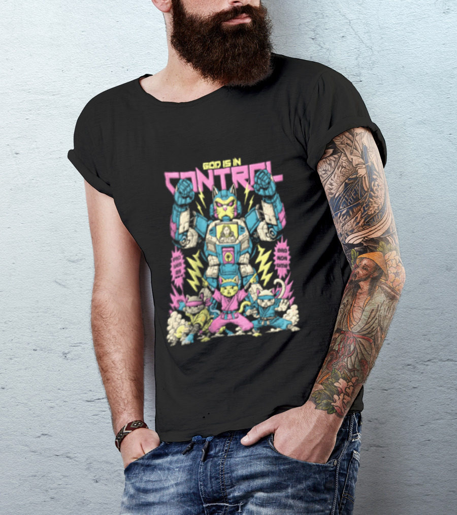 Mecha Cat Jesus Ninja Kittens God Is In Control Proverbs 3 6 T-Shirt