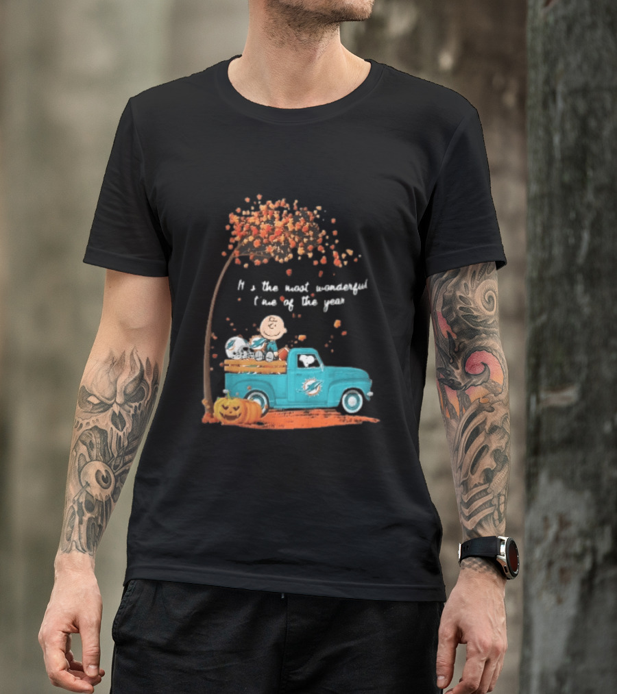 Miami Dolphins Charlie Brown Snoopy Pickup Truck Pumpkins Most Wonderful Time Of Year T-Shirt
