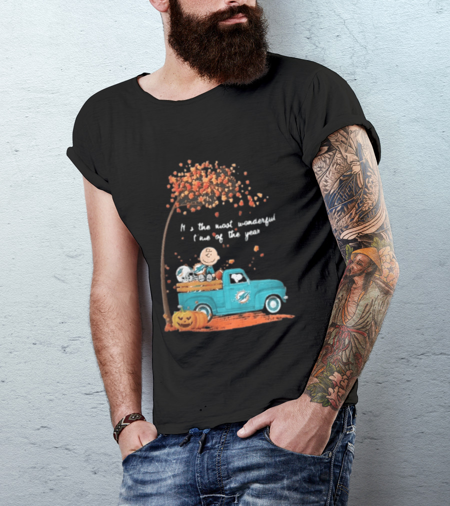 Miami Dolphins Charlie Brown Snoopy Pickup Truck Pumpkins Most Wonderful Time Of Year T-Shirt