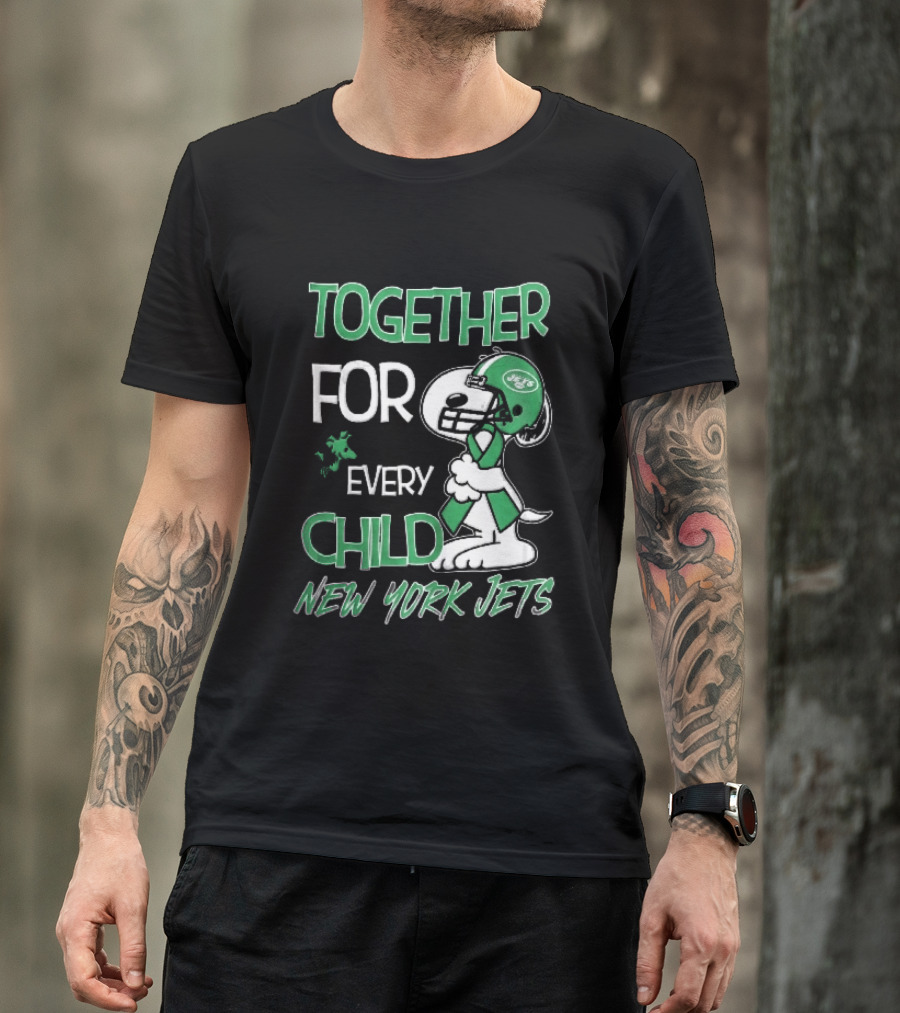 New York Jets Snoopy Woodstock Together For Every Child Football Helmet Green Ribbon T-Shirt