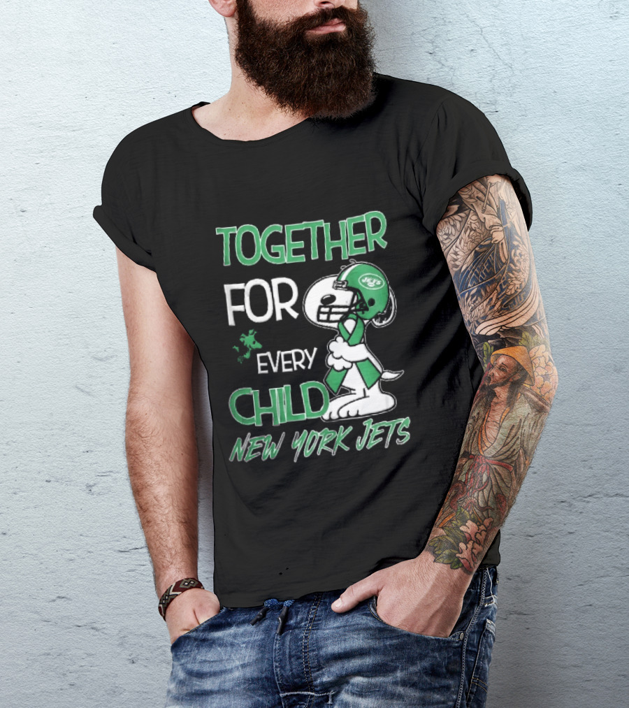 New York Jets Snoopy Woodstock Together For Every Child Football Helmet Green Ribbon T-Shirt