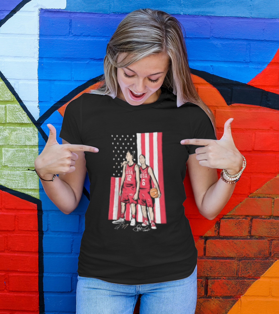 Sue Bird Diana Taurasi USA Basketball American Flag Signatures T-Shirt