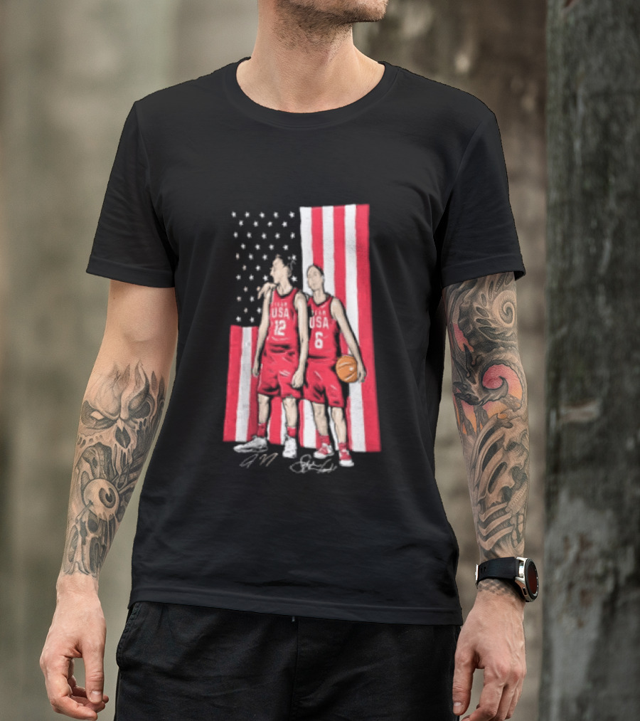 Sue Bird Diana Taurasi USA Basketball American Flag Signatures T-Shirt