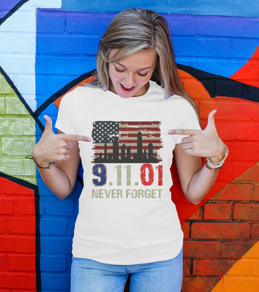9.11.01 Never Forget American Flag Skyline Memorial Patriot 9 11 T-Shirt