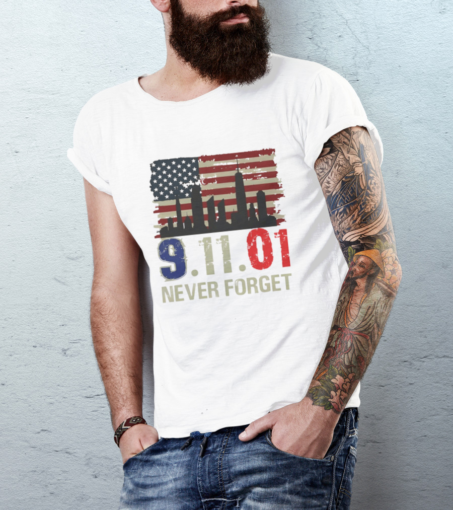 9.11.01 Never Forget American Flag Skyline Memorial Patriot 9 11 T-Shirt