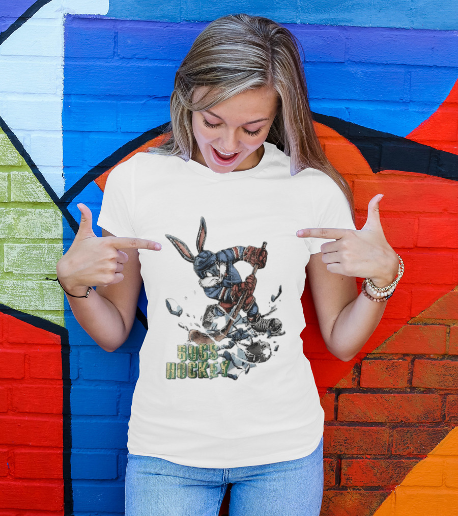 Bugs Hockey Cartoon Bunny Cracking Ice Puck Shot Distressed T-Shirt
