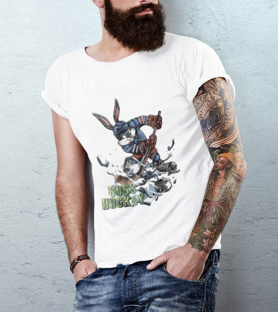 Bugs Hockey Cartoon Bunny Cracking Ice Puck Shot Distressed T-Shirt