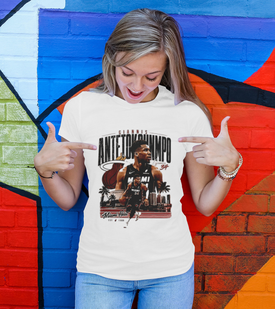 Giannis Antetokounmpo Miami Heat NBA Player Est 1988 Kaseya Center Palms And Cityscape T-Shirt